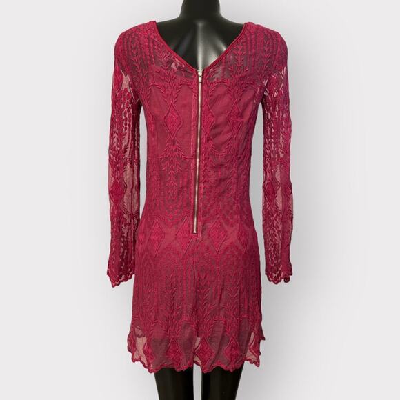 Ecote Red Mesh Lace Long Sleeve Mini Dress Womens sz M Soft Pink Burgundy Sexy - Picture 4 of 8
